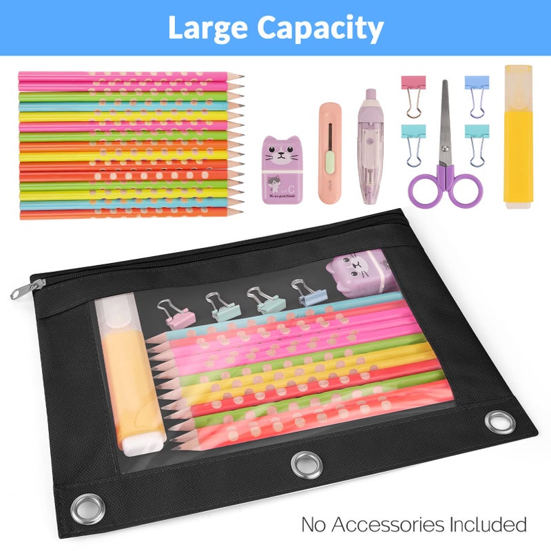 Sooez Pencil Pouch for 3 Ring Binder, 2 Pack Binder Pencil Pouch with Clear Window Pencil Bags with Zipper & Reinforced Grommets, Pencil Case for Binder Black & Black - Image 4